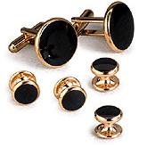 Black Faux Onyx Cufflinks & Studs WIth Gold Trim